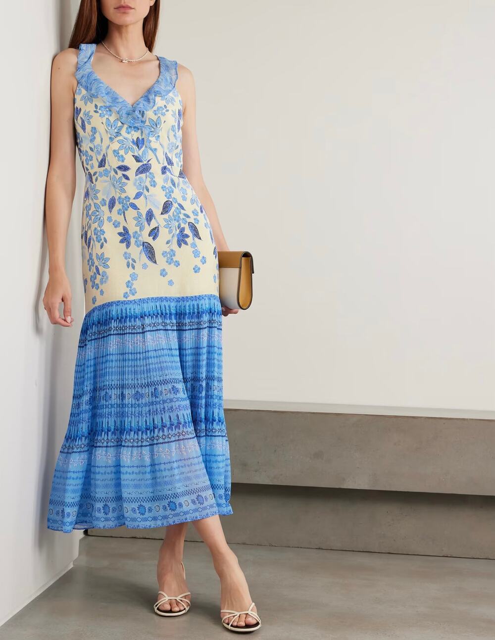Saloni Amy Silk-Georgette Midi Dress in Millieflori Blue Cream 4 NEW Luxury